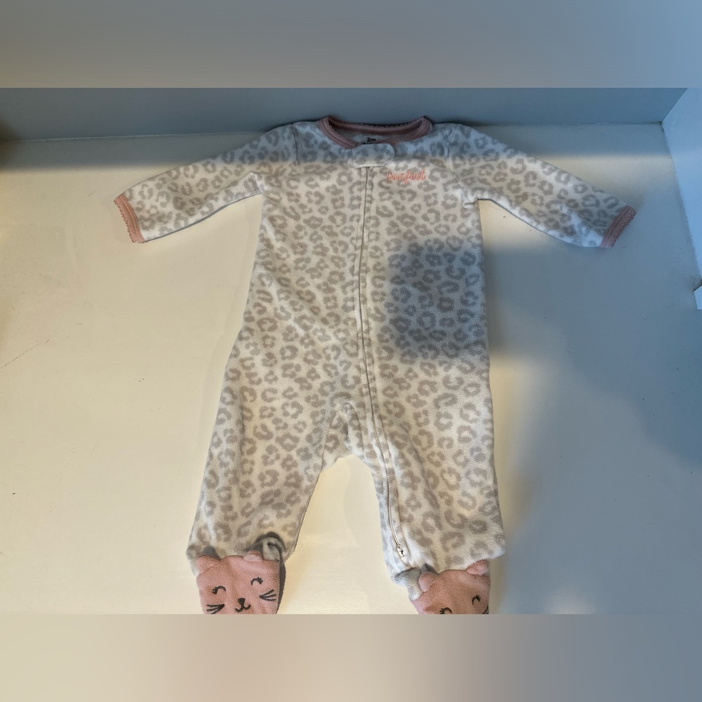 Carter’s Gray and White Leopard Print Baby Girl Fleece Footie Pajamas 3 Months